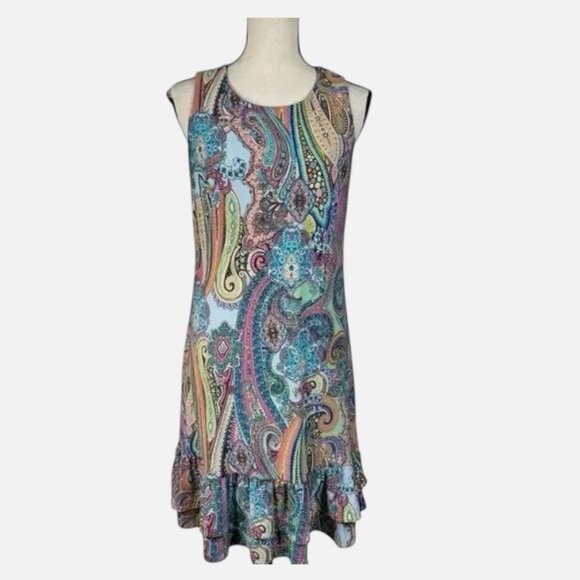 Women's 14 Colorful Ruffled Hem Teal Pink Paisley Shift Casual Stretchy Dress - Picture 1 of 5